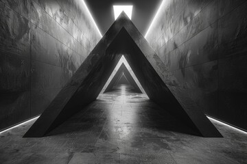 A visually captivating image showing an infinite perspective of a triangle-shaped tunnel with a contrasting white light - 786334595