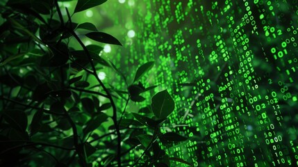 Green leaves of a plant with binary code in the background - obrazy, fototapety, plakaty