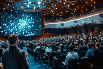 Business seminar speaker on stage addressing audience in large auditorium with seated attendees listening attentively - obrazy, fototapety, plakaty