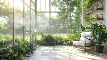 A corner of the glass house naturally, ivory style, clean wall, sunshine on the left, high quality, comfortable - obrazy, fototapety, plakaty
