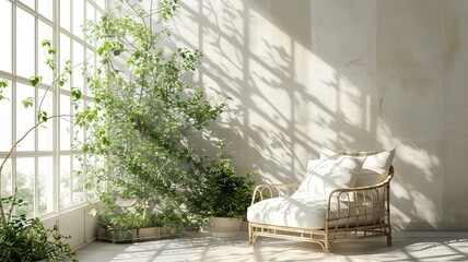 A corner of the glass house naturally, ivory style, clean wall, sunshine on the left, high quality, comfortable - obrazy, fototapety, plakaty