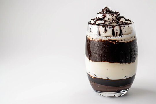 chocolglass with chocolate and vanilla ice cream and whipped cream - dessert on a light backgroundate and vanile ice cream