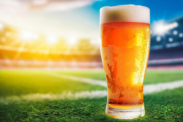 Glass of fresh and cold beer on soccer football stadium background