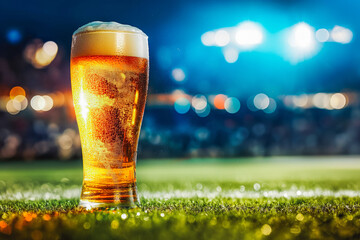 Glass of fresh and cold beer on soccer football stadium background