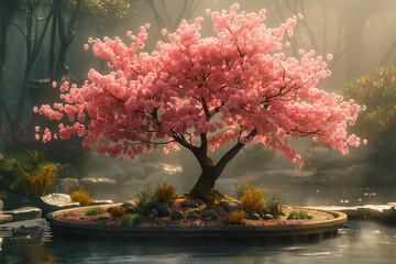 Single blossoming Cherry tree in a tranquil Japanese garden 