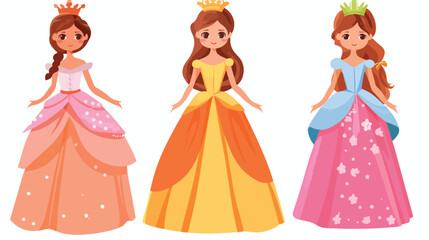 Princess girl in beautiful dress with crowns. Vector illustration