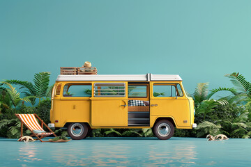 Ready for summer travel. yellow van with deck chair and beach accessory 3D Rendering, 3D Illustration