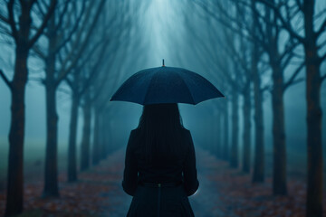 Feelings of depression, sadness, loneliness, melancholy. Blue Monday. Surreal word, nature, rows of leafless trees and lonely alone woman in the center