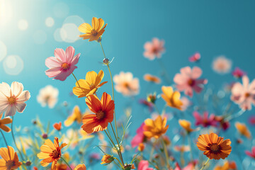 Spring abstract background of fresh colorful meadow flowers in the air. On clear blue sky