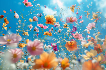 Fototapeta na wymiar Spring abstract background of fresh colorful meadow flowers in the air. On clear blue sky