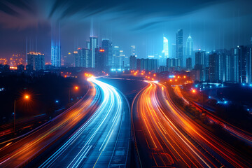Fototapeta na wymiar Motion blur night lights on Highway road with city background