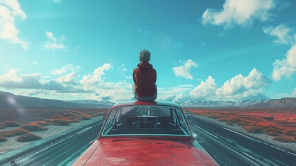 Sitting on the top of the car, freedom and youth captured in a snapshot, open skies and open roads, carefree and exhilarating,  - obrazy, fototapety, plakaty