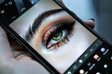 Closeup of a person holding up a cell phone displaying a detailed image of a woman's eye concept