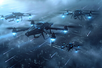 Futuristic depiction of military drones in a digital representation, showcasing their advanced capabilities in high tech style.