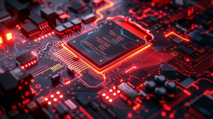 Close-up view of an advanced circuit board with glowing red lines, illustrating modern technology and electronic systems