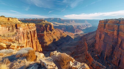 Stunning view of a majestic canyon with layered rock formations under a clear blue sky