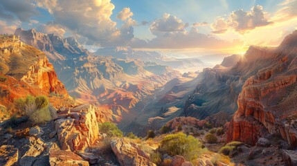 Stunning view of a majestic canyon with layered rock formations under a clear blue sky - obrazy, fototapety, plakaty