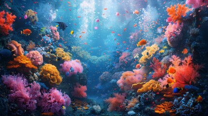Naklejka na ściany i meble Vibrant underwater landscape of a coral reef teaming with colorful marine life