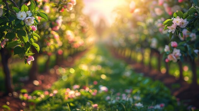 Sunset glow over blossoming fruit trees in a serene orchard