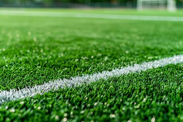 lush green artificial grass soccer field with crisp white boundary lines sports background - obrazy, fototapety, plakaty