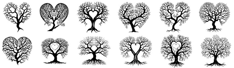 love tree decorative, plant heart ornamen black silhouette vector, shape print, monochrome clipart illustration, laser cutting engraving nocolor