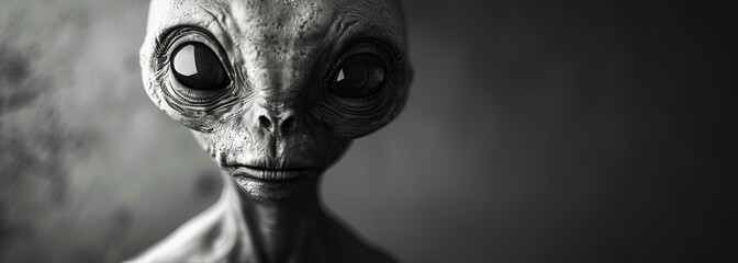 Alien portrait with big eyes, monochrome background, off-center