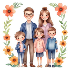 watercolor teacher with full family with flowers on Isolated transparent background png. generated with AI