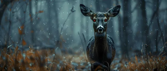 Fotobehang Enigmatic Deer with Crimson Gaze in Misty Forest. Concept Enigmatic Deer, Crimson Gaze, Misty Forest © Anastasiia