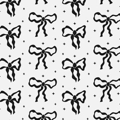 Seamless pattern with black bows and stars. Gift ribbons in hand drawn and flat styles. Fashionable vector illustration. Bows for gift wrapping, background, fabric, textile. Coquette core cute design
