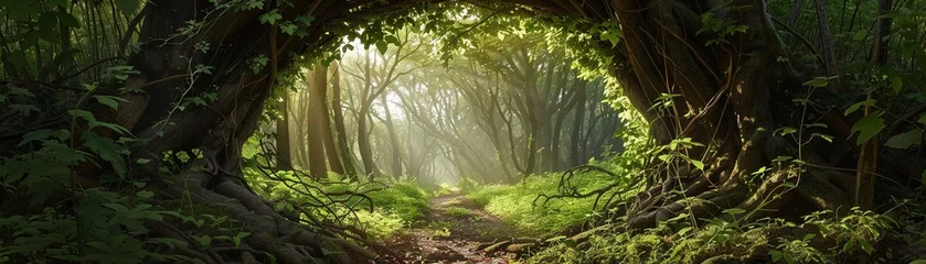 Gardinen Enchanted forest archway dappled sunlight © Creative_Bringer