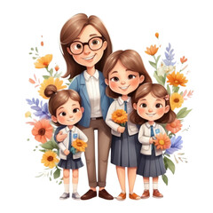 watercolor teacher with full family with flowers on Isolated transparent background png. generated with AI