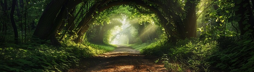 Enchanted forest archway dappled sunlight