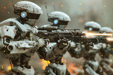 combat robots, illustrating the integration of robotics technology in modern warfare in high tech style.