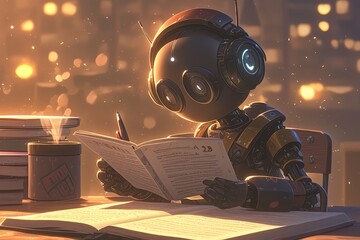 Photo ofcute robot sitting at a desk, holding an open book and writing with pencils