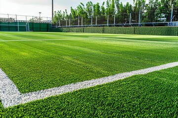 lush green artificial grass soccer field with crisp white boundary lines sports background - obrazy, fototapety, plakaty