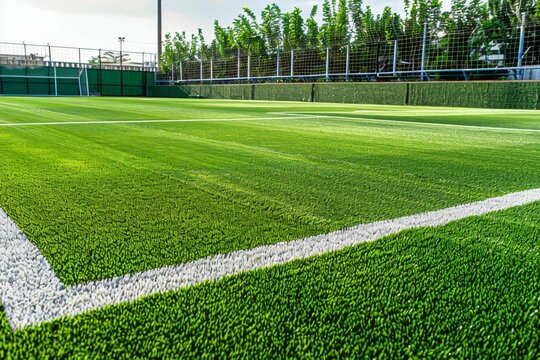lush green artificial grass soccer field with crisp white boundary lines sports background