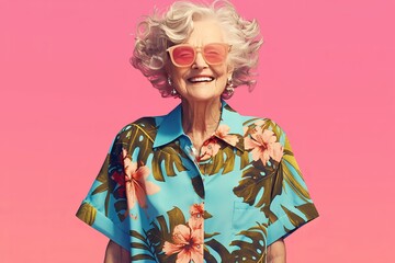 happy old woman in colorful and pink sunglasses against a pink background - obrazy, fototapety, plakaty