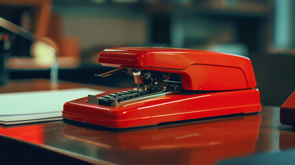 A classic red stapler sitting on a desk, symbolizing efficiency and organization in work. - obrazy, fototapety, plakaty