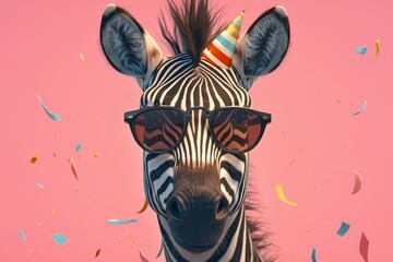zebra wearing sunglasses and a party hat on pastel background, representing the fun spirit for birthday or other events. 