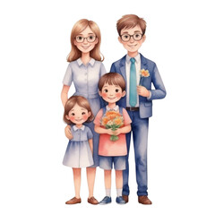 Fototapeta na wymiar watercolor teacher with full family with flowers on Isolated transparent background png. generated with AI