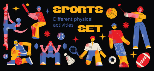 Different physical activities, do sports set. People exercising, playing tennis, basketball, football, soccer, golf, gymnastic, powerlifting. Flat graphic vector illustrations isolated on background.