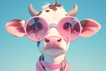 black and white cow with pink sunglasses - obrazy, fototapety, plakaty