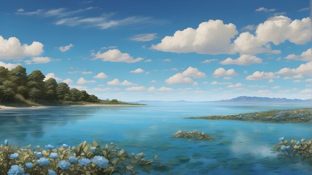 A body of water, some blue flora, and a blue sky