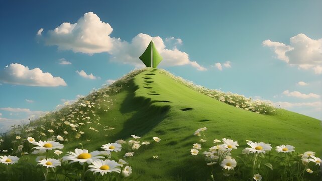 a grassy mound atop a green hill with a green arrow pointing upward. There are daisies among the many blooms that cover the slope. idea of development and advancement, since the arrow denotes upward m