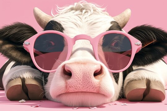 photo of black and white cow with pink sunglasses
