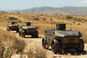 Fototapeta premium digital representations of unmanned ground vehicles, showcasing their role in reconnaissance and patrol missions in high tech style.