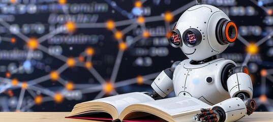 Futuristic humanoid ai robot with book, holographic math formulas on blurred background