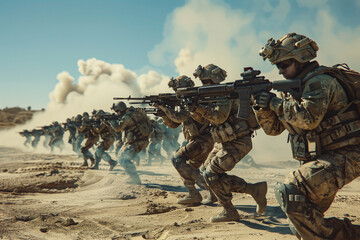 digital reconstructions of military training exercises, illustrating the preparation and readiness of armed forces in high tech style.