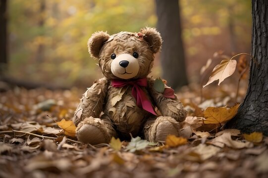In a calm embrace with the fall foliage, an old teddy bear cautiously moves forward. A lifetime of memories are preserved in the fallen leaves, its tattered fur, and its sleepy eyes.