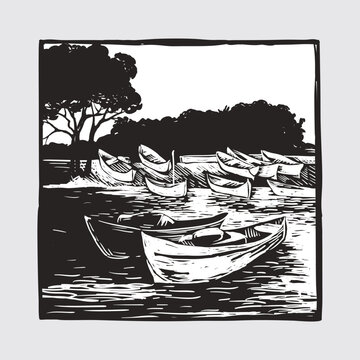 Boats on the pier - landscape. Black and white posters in engraving style for interior or print, vector illustration, freehand drawing.